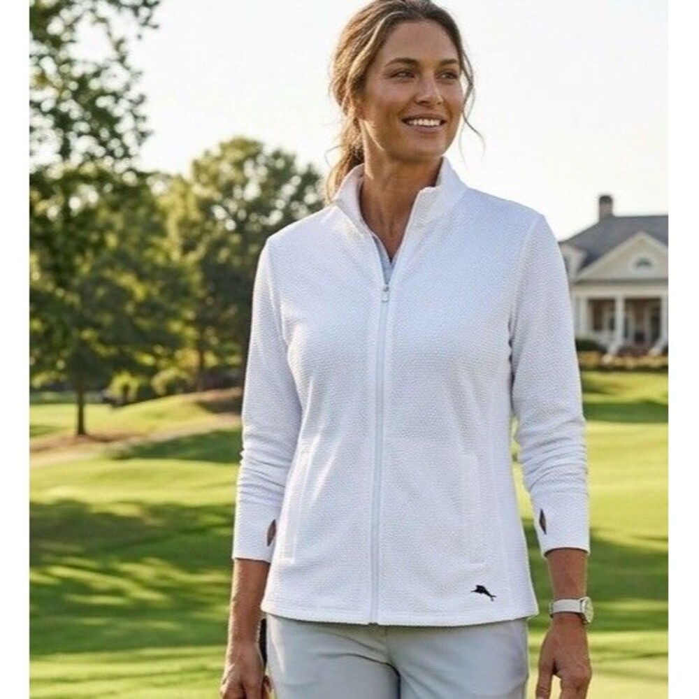 Tommy Bahama Golf Women's XL White Textured Full Zip Jacket Thumbholes Marlin